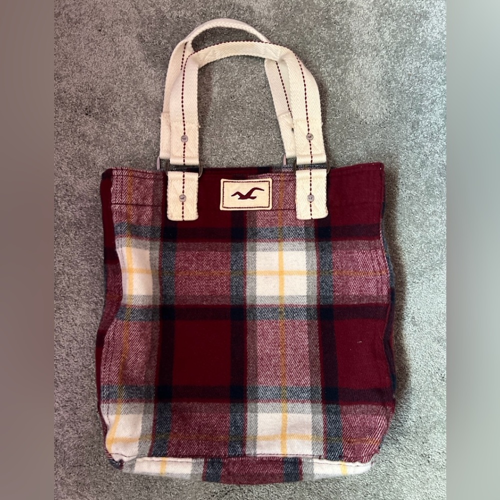 Plaid Hollister Tote Bag with Red and Cream Accents